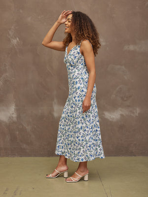 Mae - Bias Cut Dress - Blue & White Floral Print