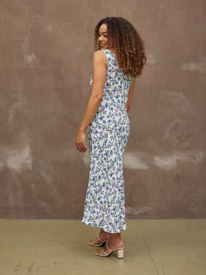 Mae - Bias Cut Dress - Blue & White Floral Print