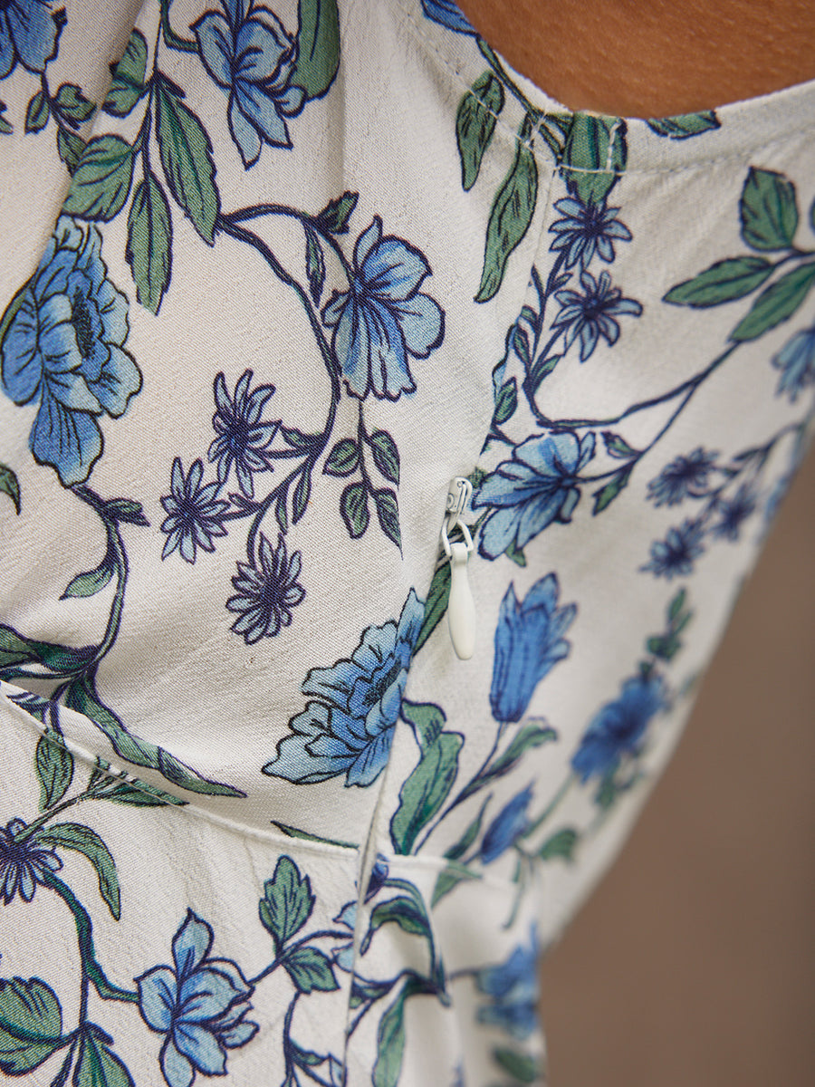 Mae - Bias Cut Dress - Blue & White Floral Print