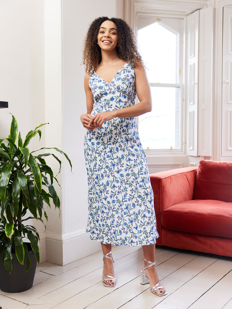 Mae - Bias Cut Dress - Blue & White Floral Print