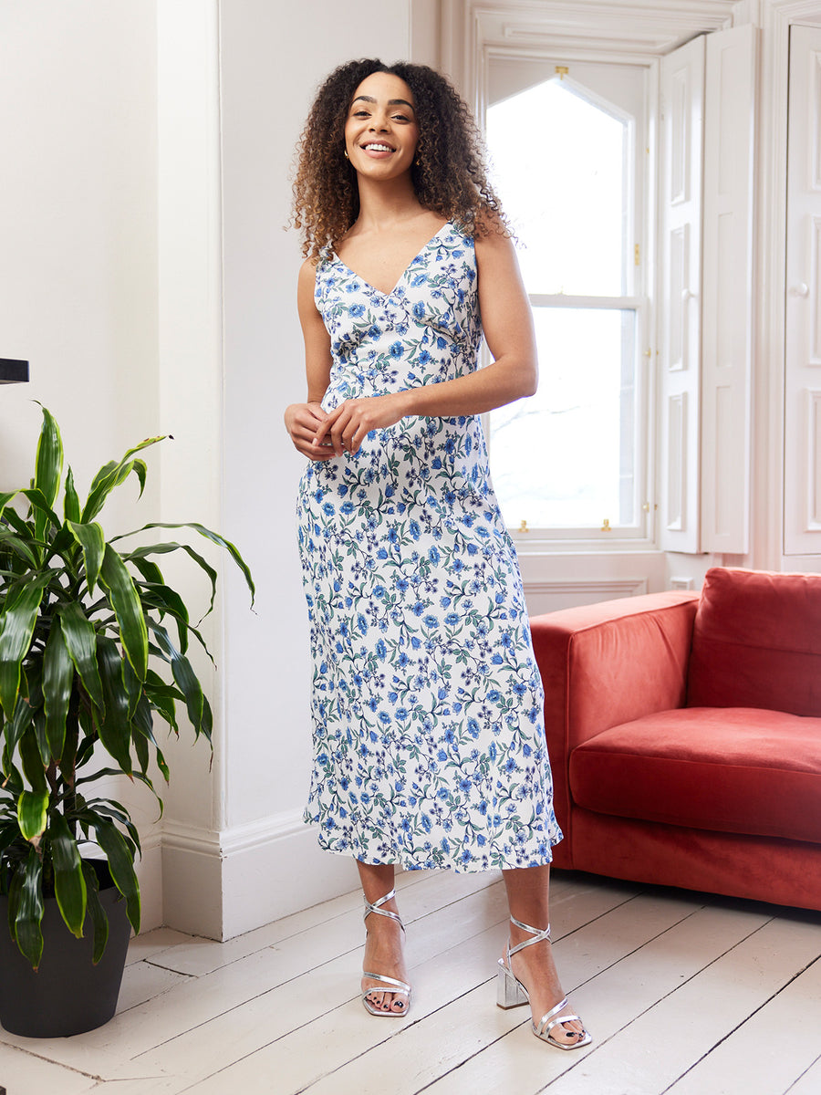 Mae - Bias Cut Dress - Blue & White Floral Print