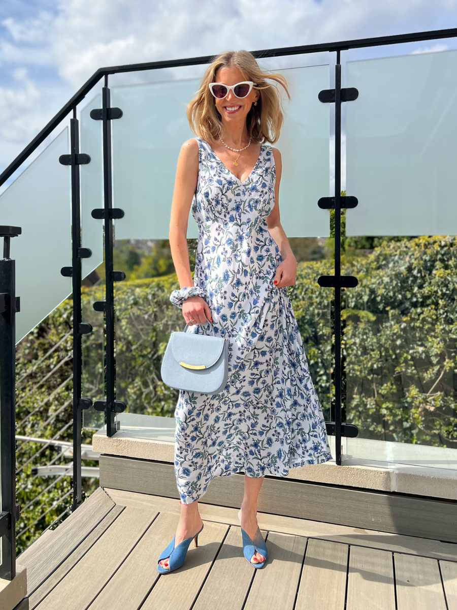 Mae - Bias Cut Dress - Blue & White Floral Print