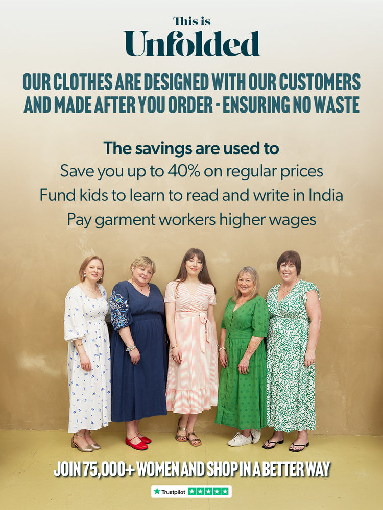 Poster: Our clothes are designed with our customers and made after you order - ensuring no waste. Join 75,000+ women and shop in a better way.