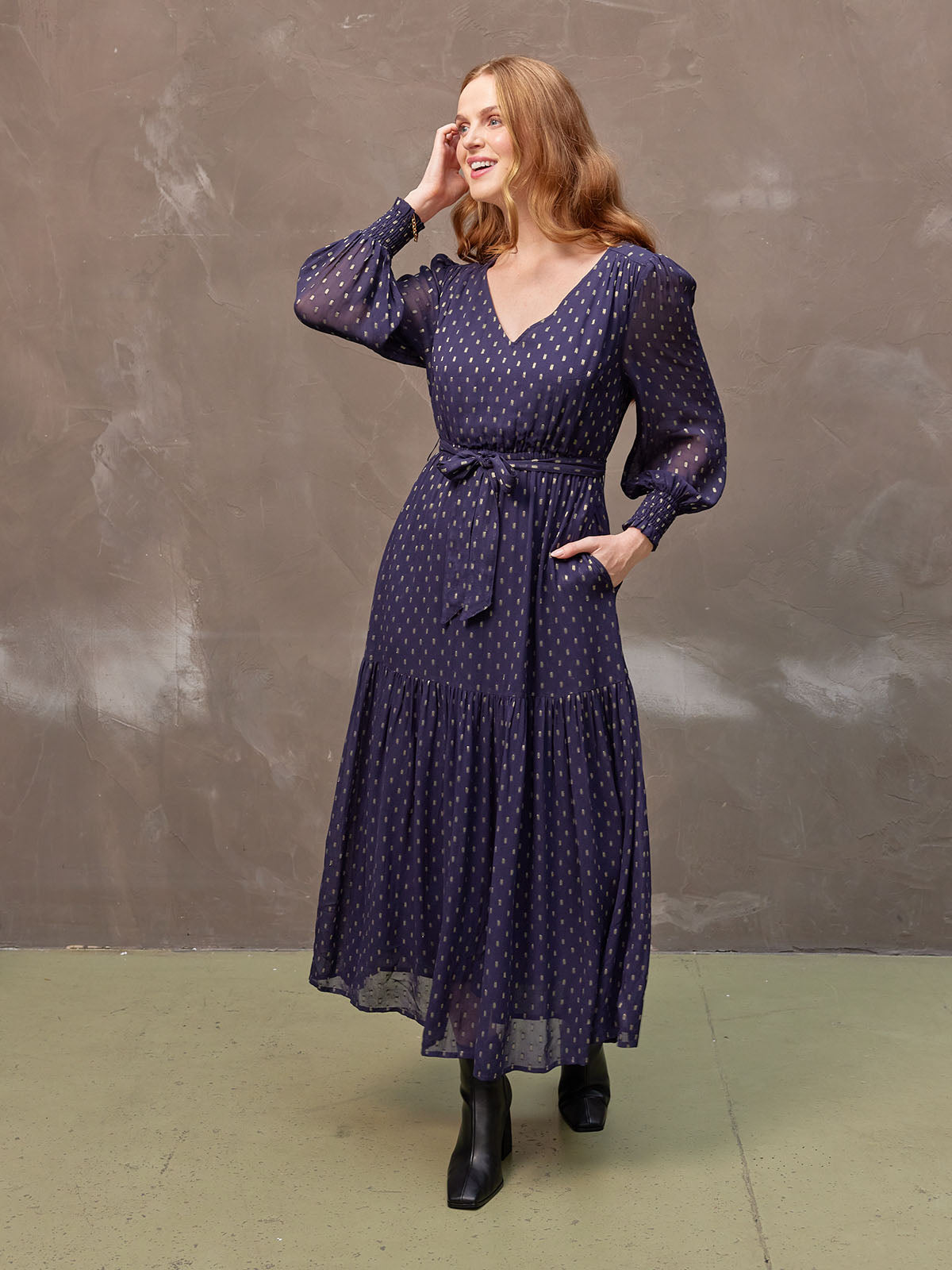 Melissa - Long Sleeve Belted Midi Dress - Navy and Gold