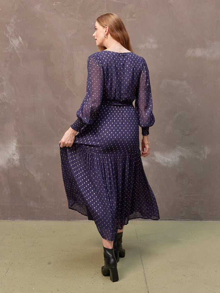 Melissa - Long Sleeve Belted Midi Dress - Navy and Gold