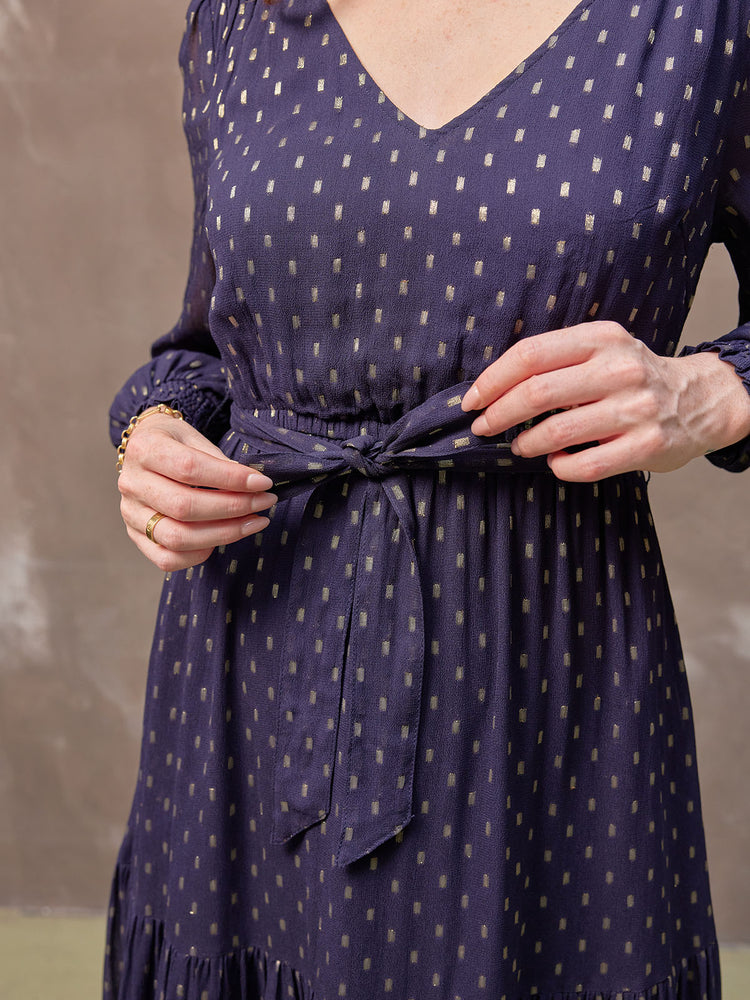 Melissa - Long Sleeve Belted Midi Dress - Navy and Gold