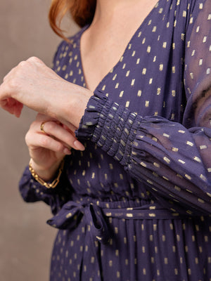 Melissa - Long Sleeve Belted Midi Dress - Navy and Gold