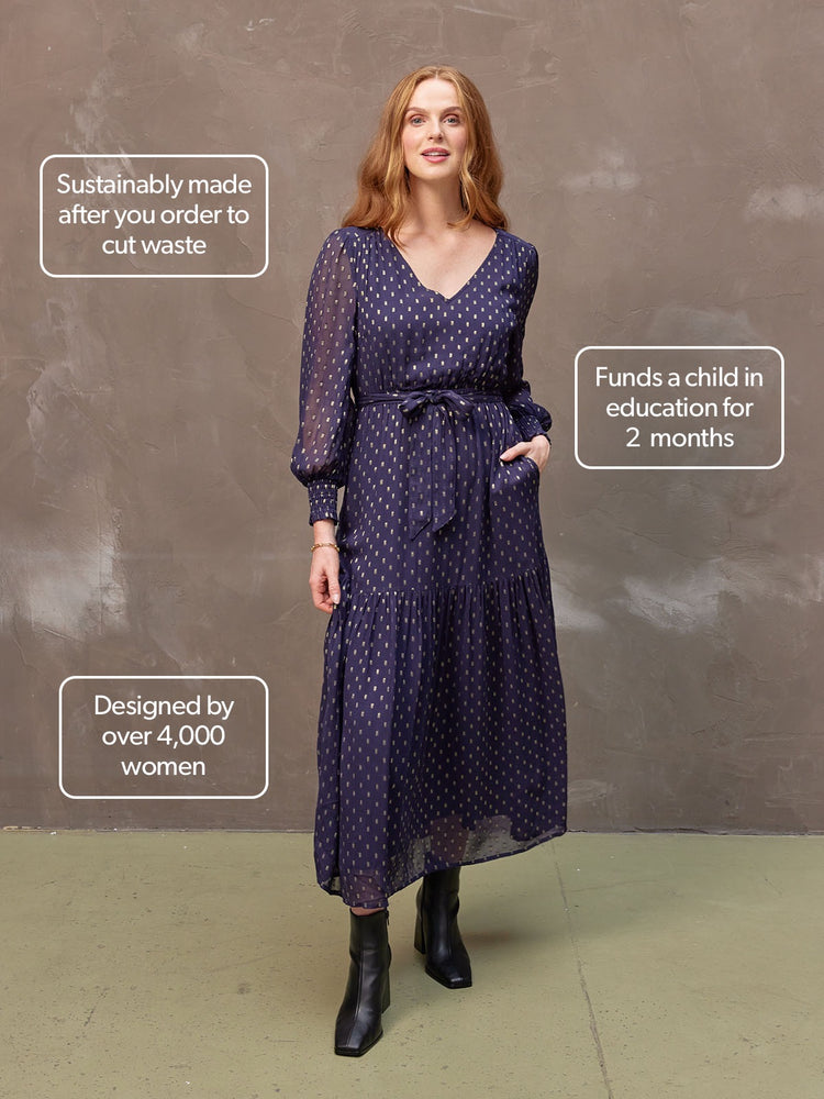 Melissa - Long Sleeve Belted Midi Dress - Navy and Gold