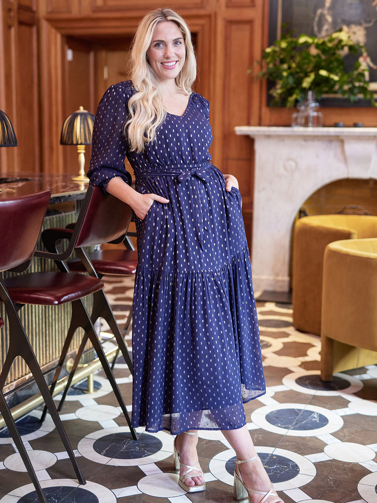 Melissa - Long Sleeve Belted Midi Dress - Navy and Gold
