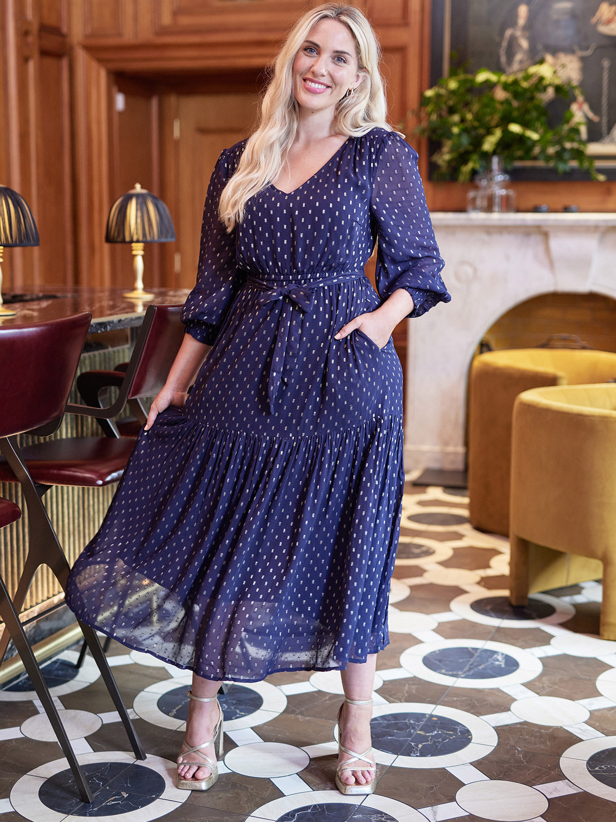 Melissa - Long Sleeve Belted Midi Dress - Navy and Gold