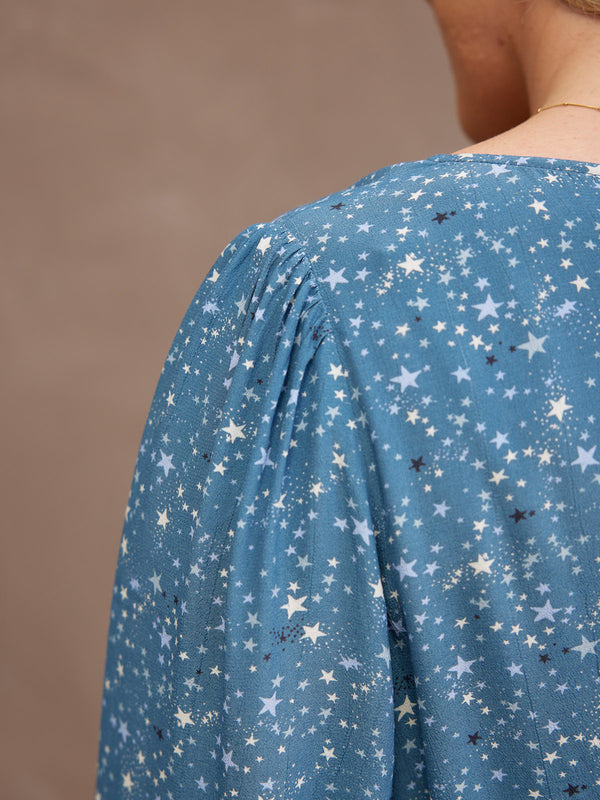 Millie Button Front Dress - Blue Star Print