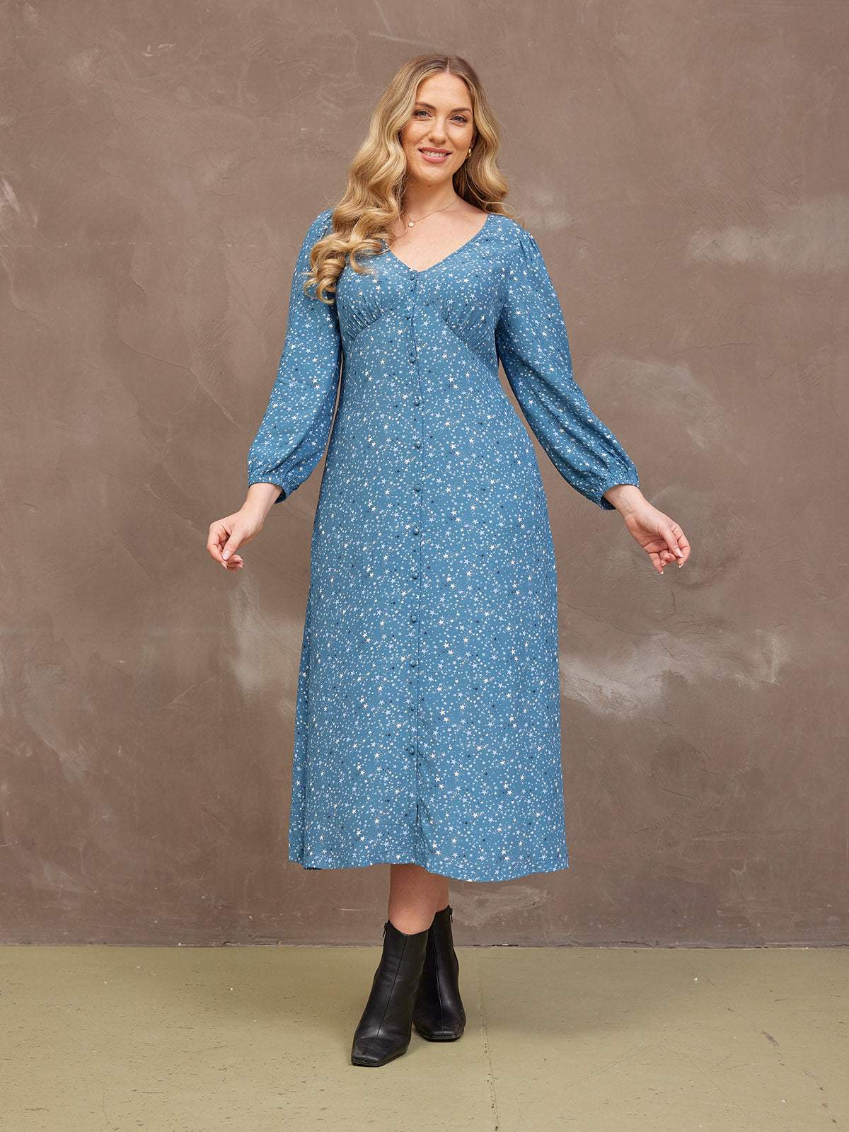 Millie Button Front Dress - Blue Star Print This is Unfolded Millie Button Front Dress - Blue Star Print This is Unfolded