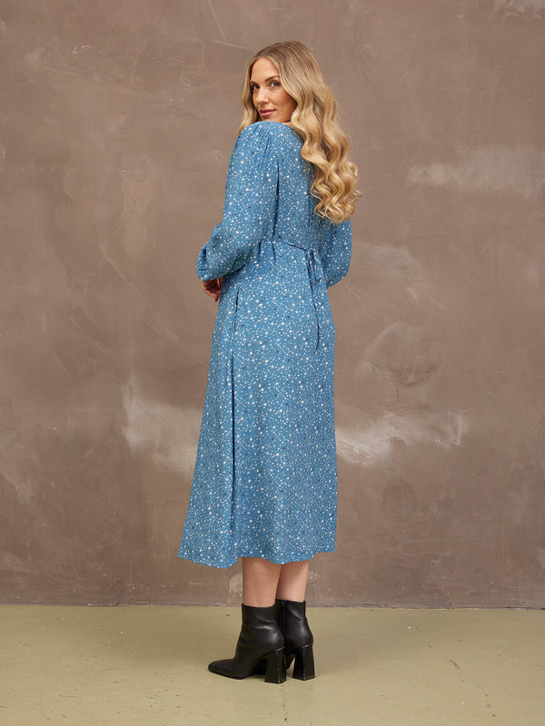 Millie Button Front Dress - Blue Star Print
