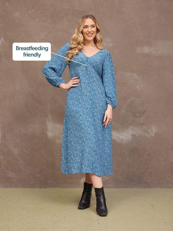 Millie Button Front Dress - Blue Star Print