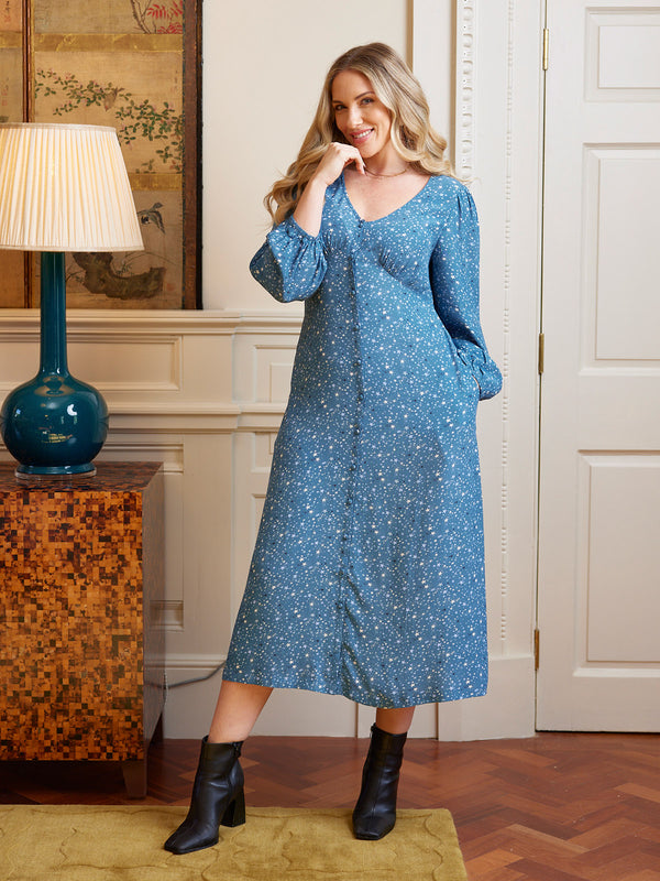 Millie Button Front Dress - Blue Star Print