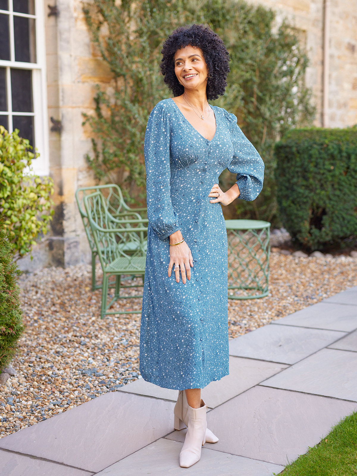 Millie Button Front Dress - Blue Star Print  This is Unfolded