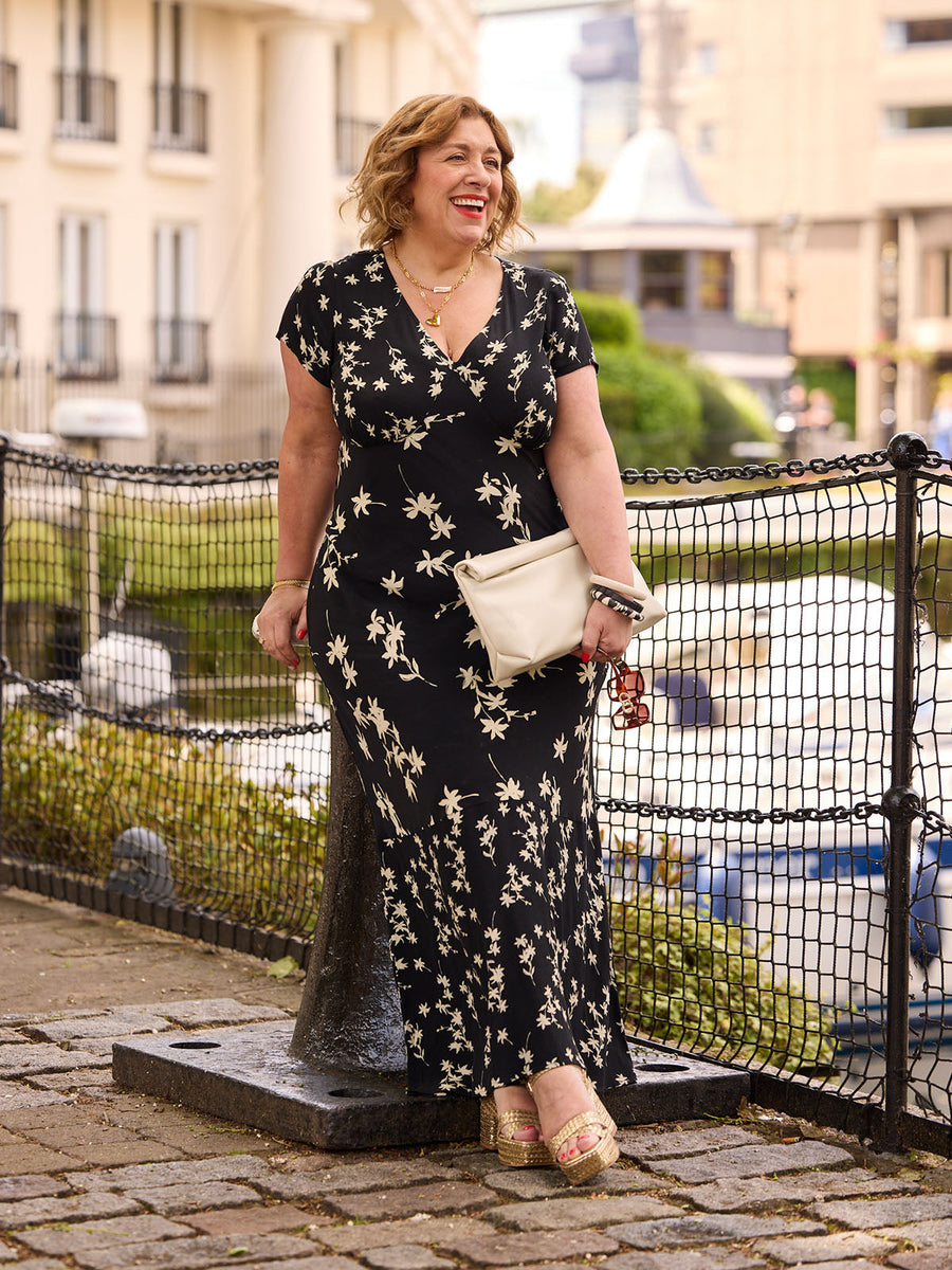 Julie - Cap Sleeve Maxi Dress - Black Floral Print