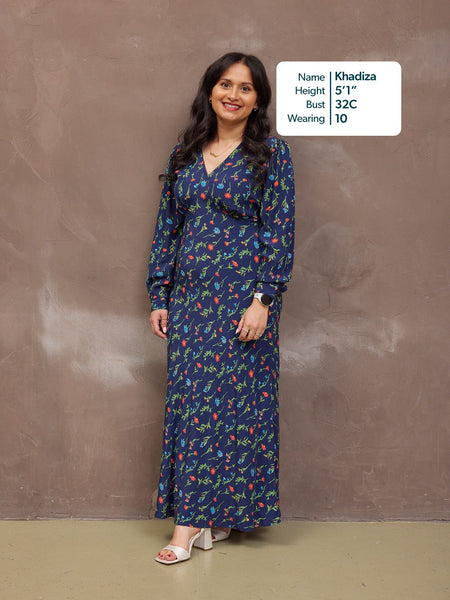 Monica V-Neck Tea Dress - Navy Floral