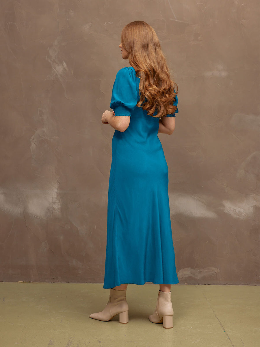 Morag - V Neck Bias Cut Tea Dress - Blue - Sample