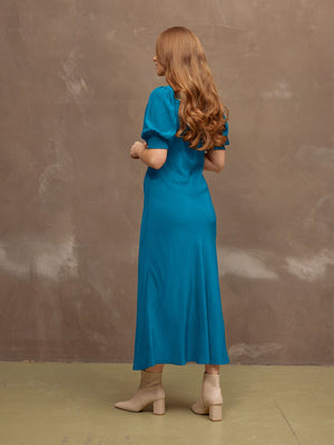 Morag - V Neck Bias Cut Tea Dress - Blue