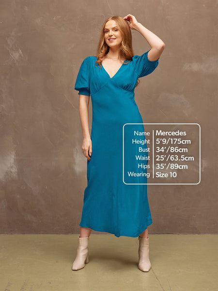 Morag - V Neck Bias Cut Tea Dress - Blue