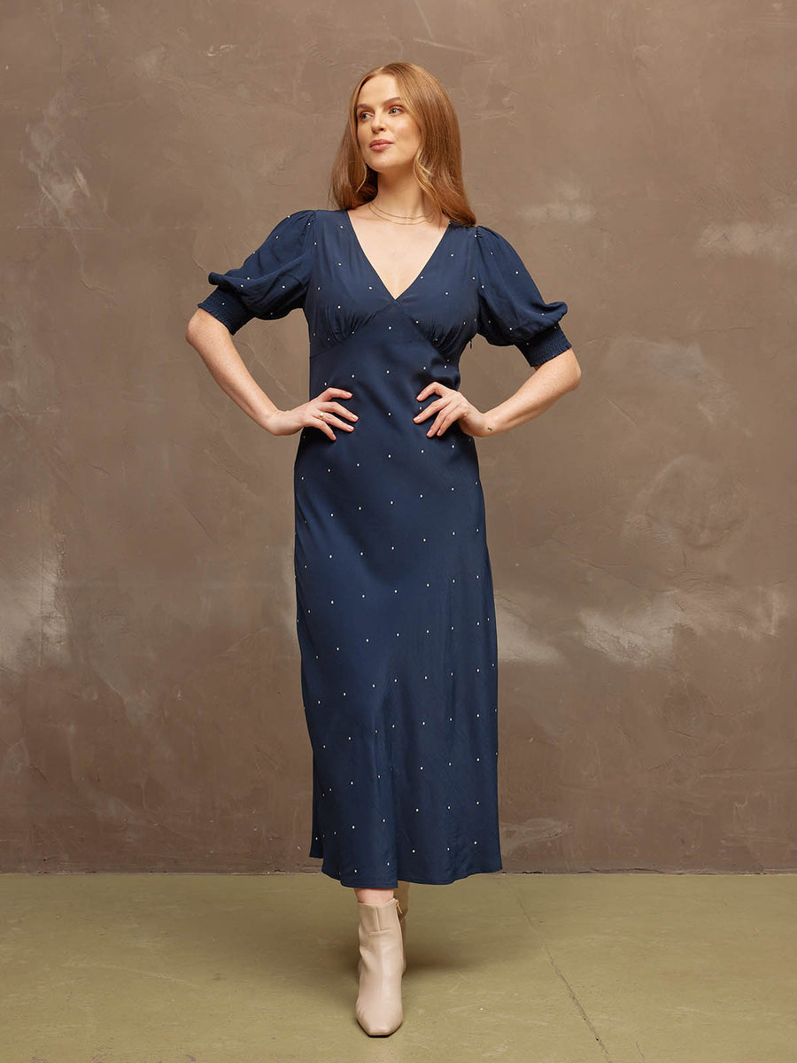 Morag - V Neck Bias Cut Tea Dress - Navy Polka Dot Print