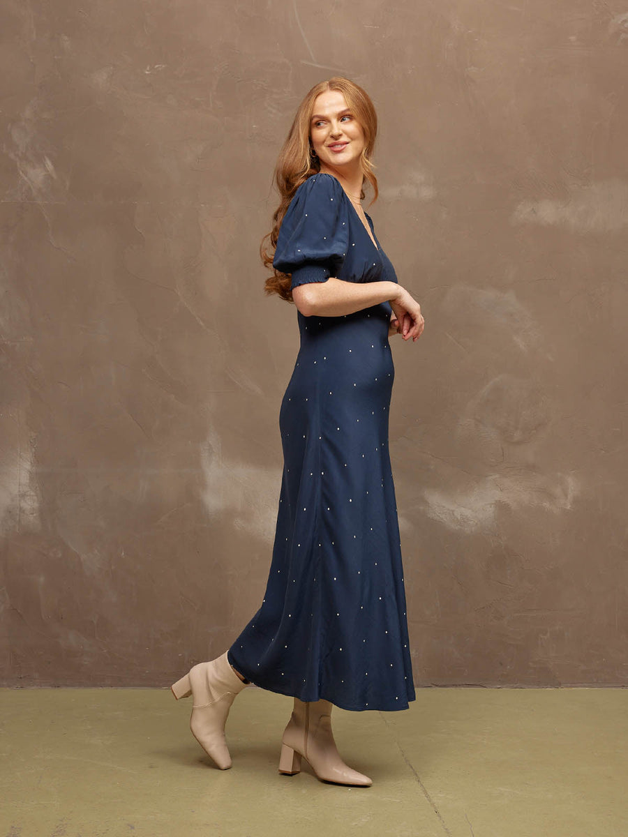 Morag - V Neck Bias Cut Tea Dress - Navy Polka Dot Print