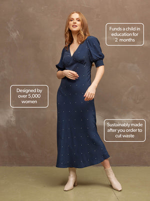 Morag - V Neck Bias Cut Tea Dress - Navy Polka Dot Print