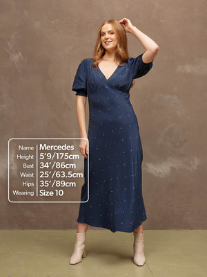 Morag - V Neck Bias Cut Tea Dress - Navy Polka Dot Print