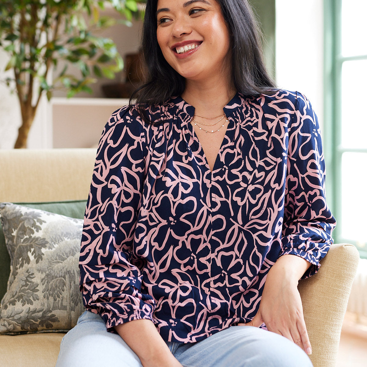 Laila Top - Navy Linear Floral  This is Unfolded