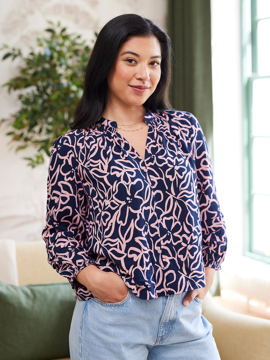 Laila Top - Navy Linear Floral