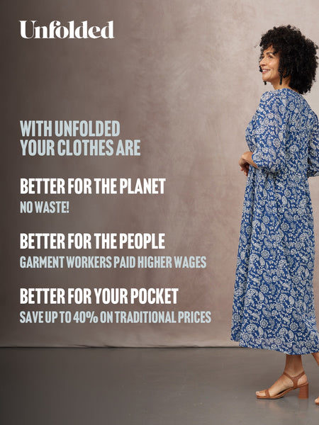 Model in a blue paisley print long-sleeve maxi dress, worn with tan block-heel sandals, standing side-on against a neutral…