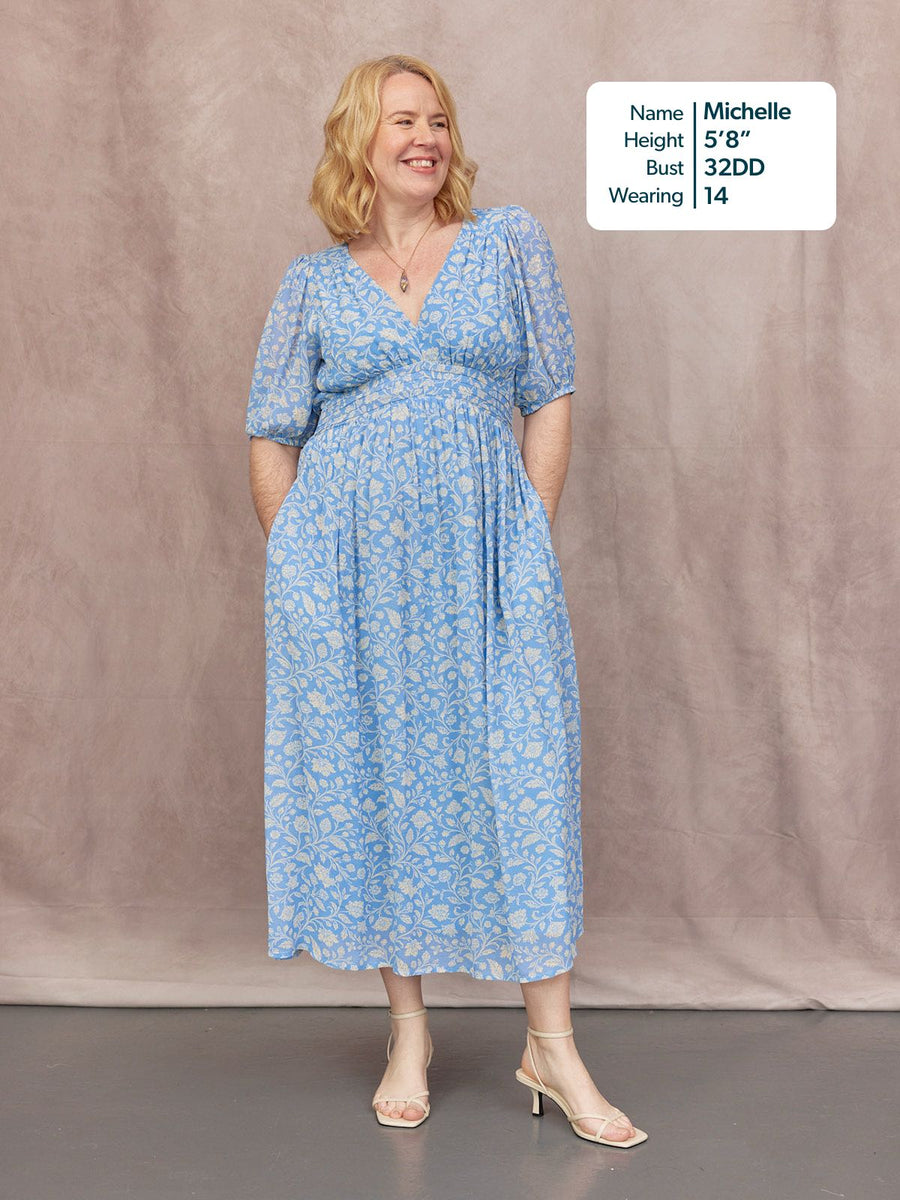 Penelope Georgette Dress - Blue & White Floral Print