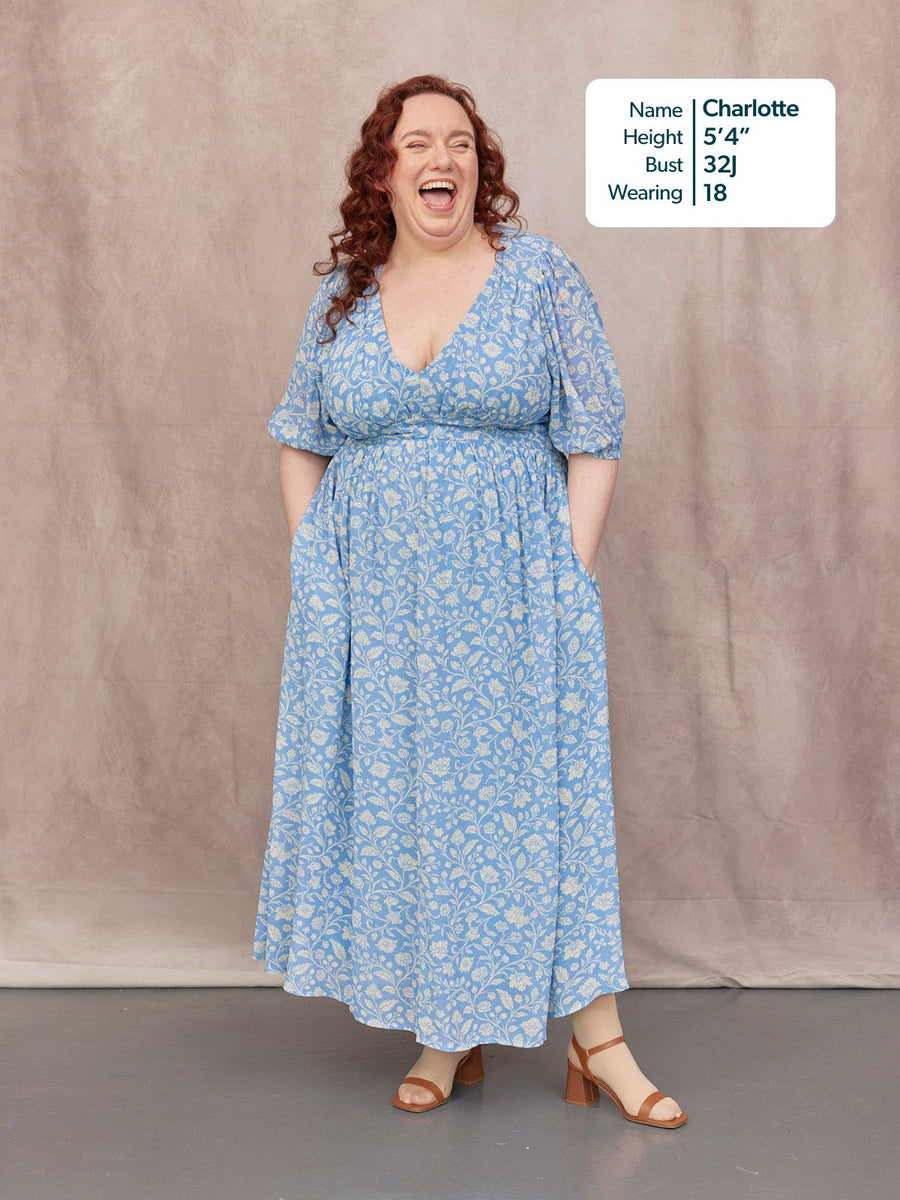 Penelope Georgette Dress - Blue & White Floral Print