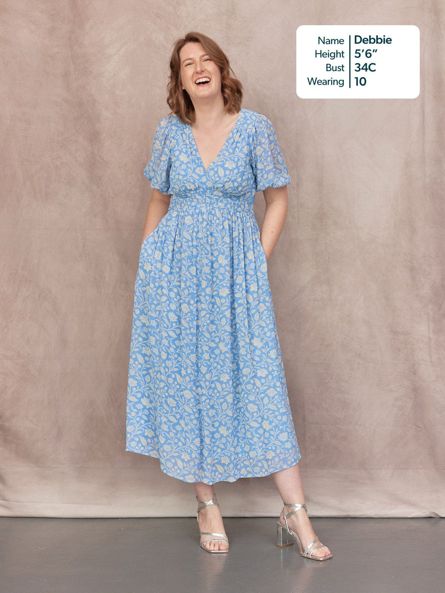 Penelope Georgette Dress - Blue & White Floral Print