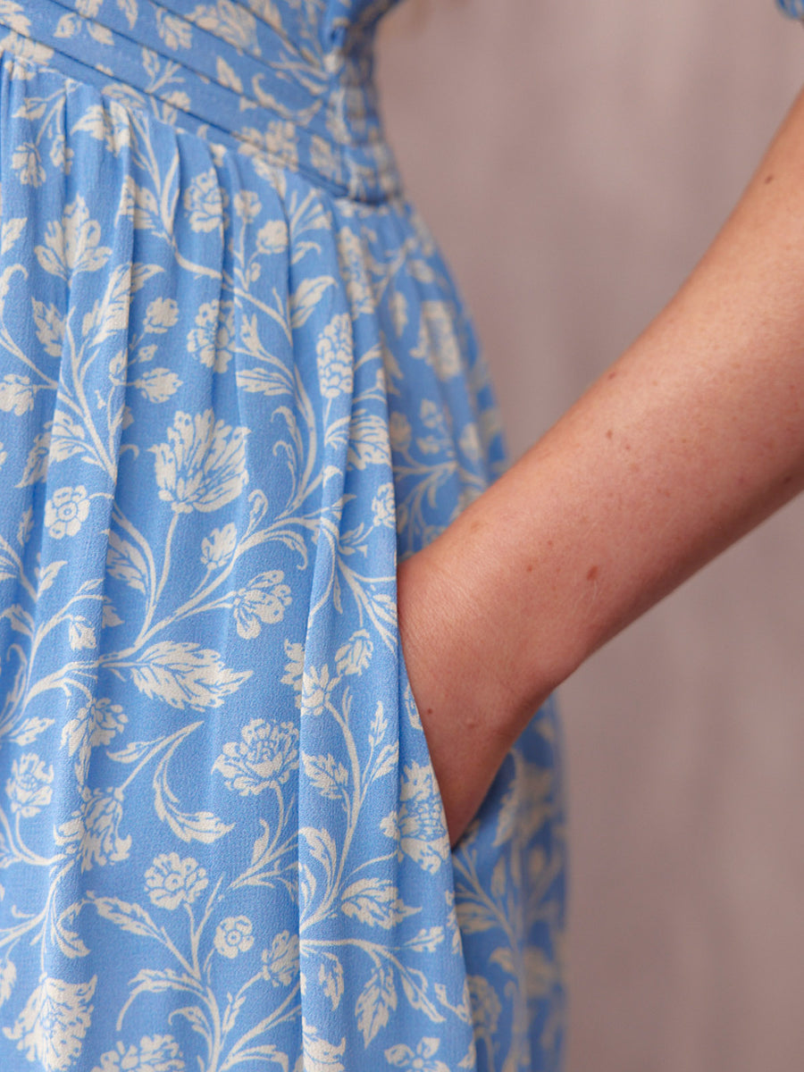 Penelope Georgette Dress - Blue & White Floral Print