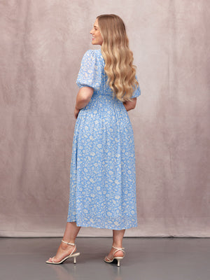 Penelope Georgette Dress - Blue & White Floral Print