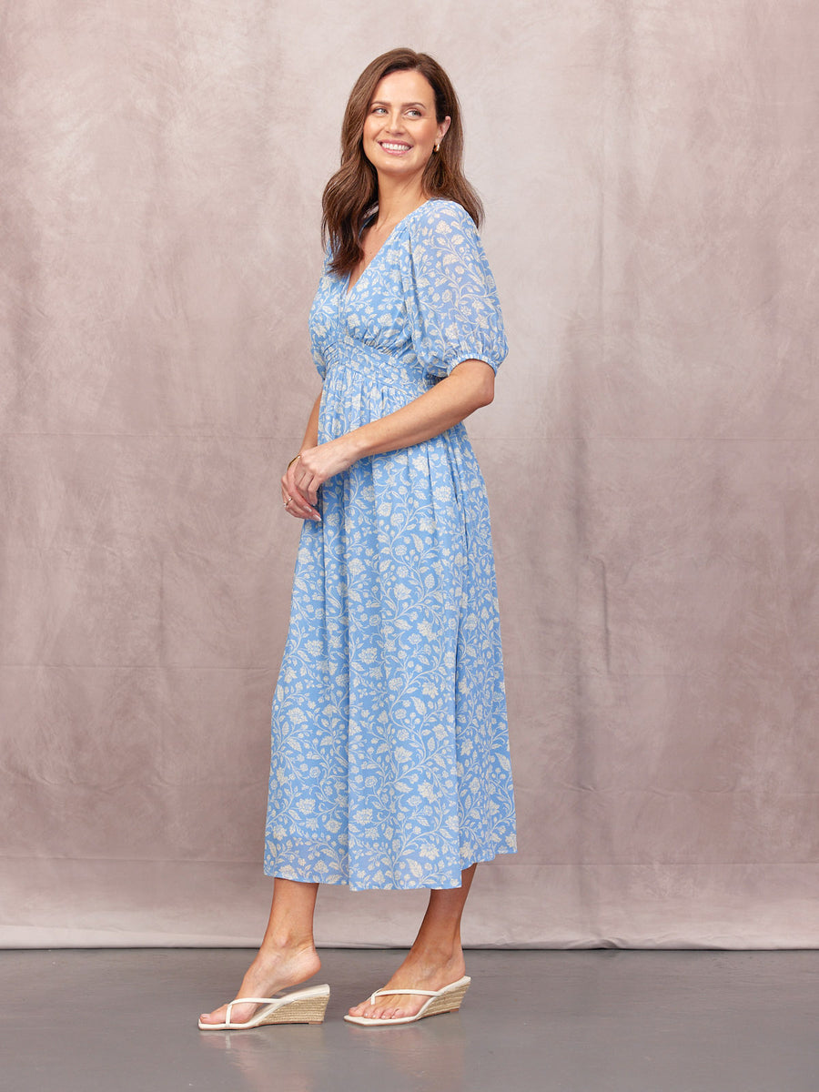 Penelope Georgette Dress - Blue & White Floral Print