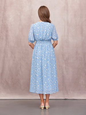Penelope Georgette Dress - Blue & White Floral Print