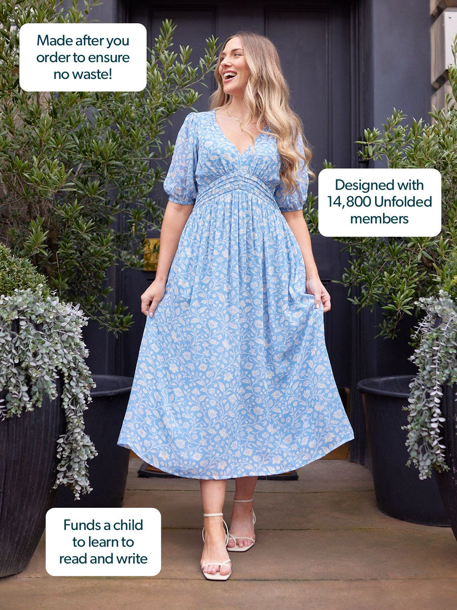 Penelope Georgette Dress - Blue & White Floral Print