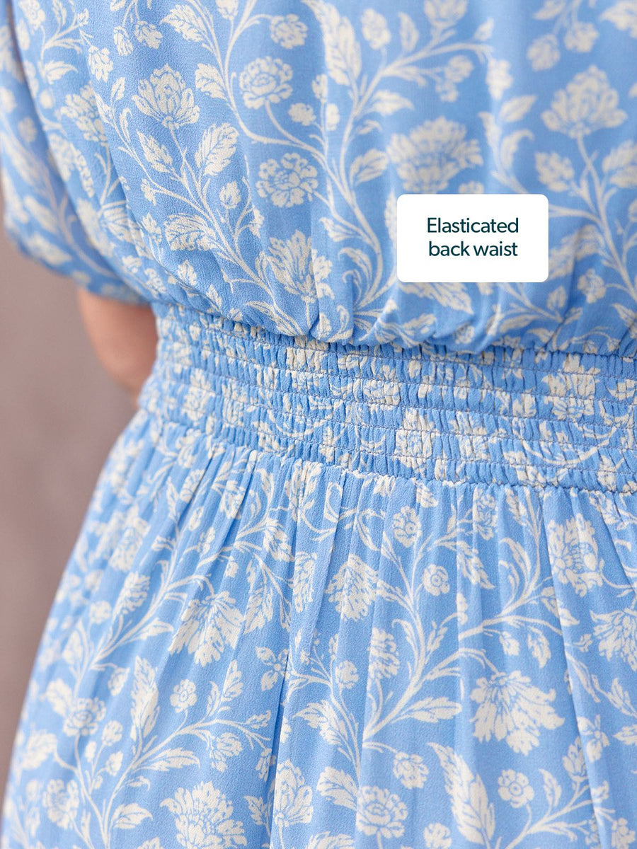 Penelope Georgette Dress - Blue & White Floral Print