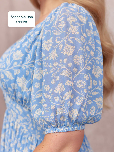 Penelope Georgette Dress - Blue & White Floral Print