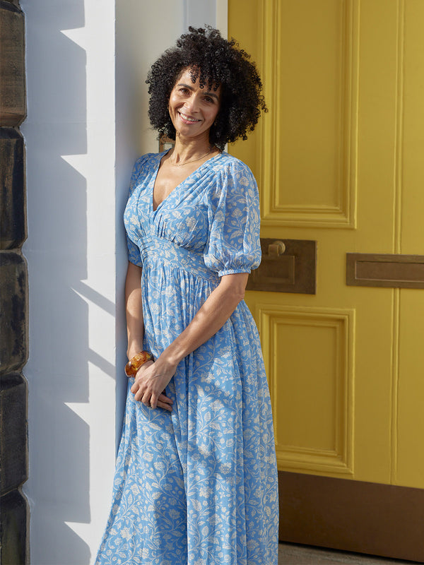 Penelope Georgette Dress - Blue & White Floral Print