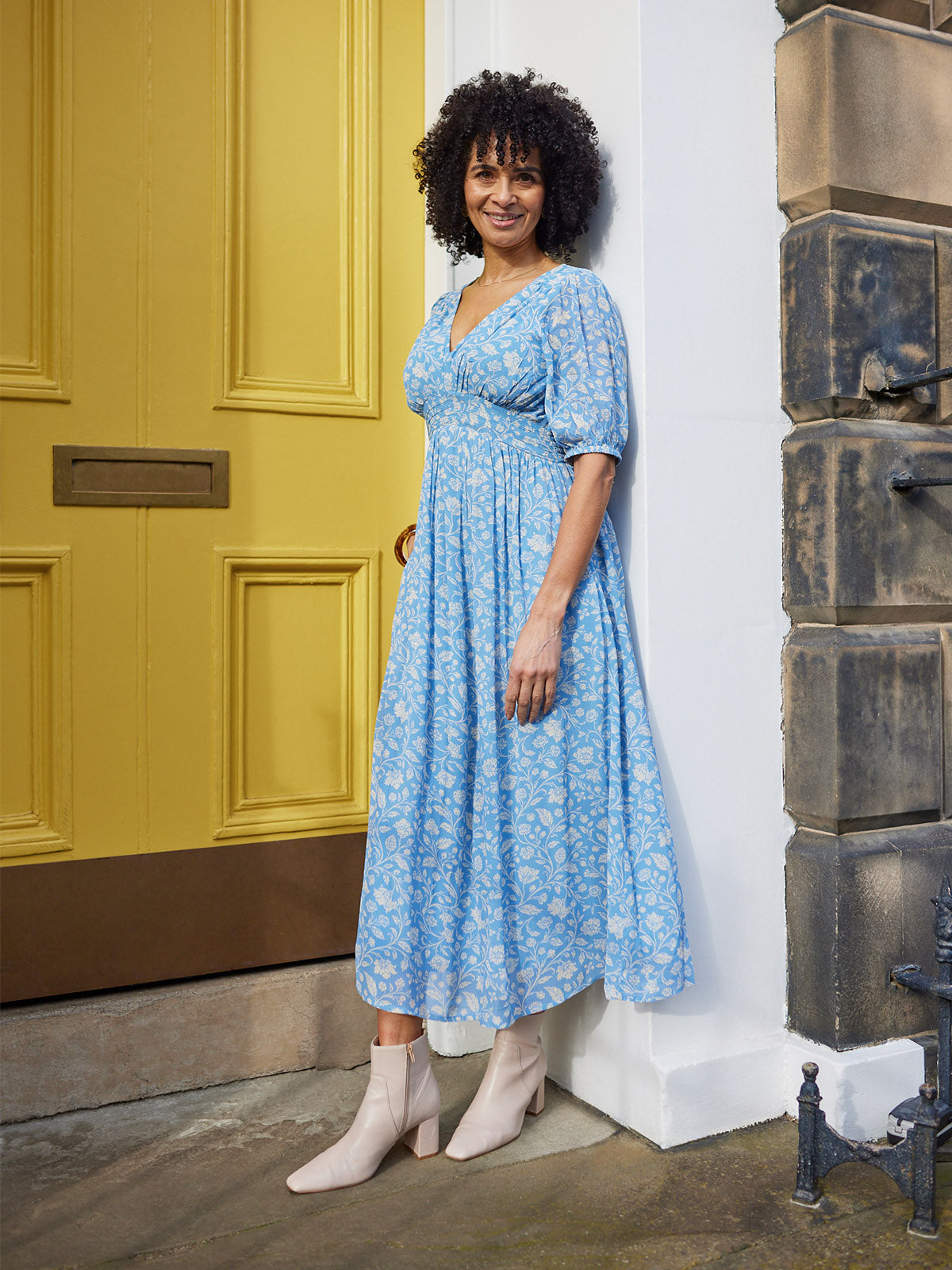Penelope Georgette Dress - Blue & White Floral Print  This is Unfolded