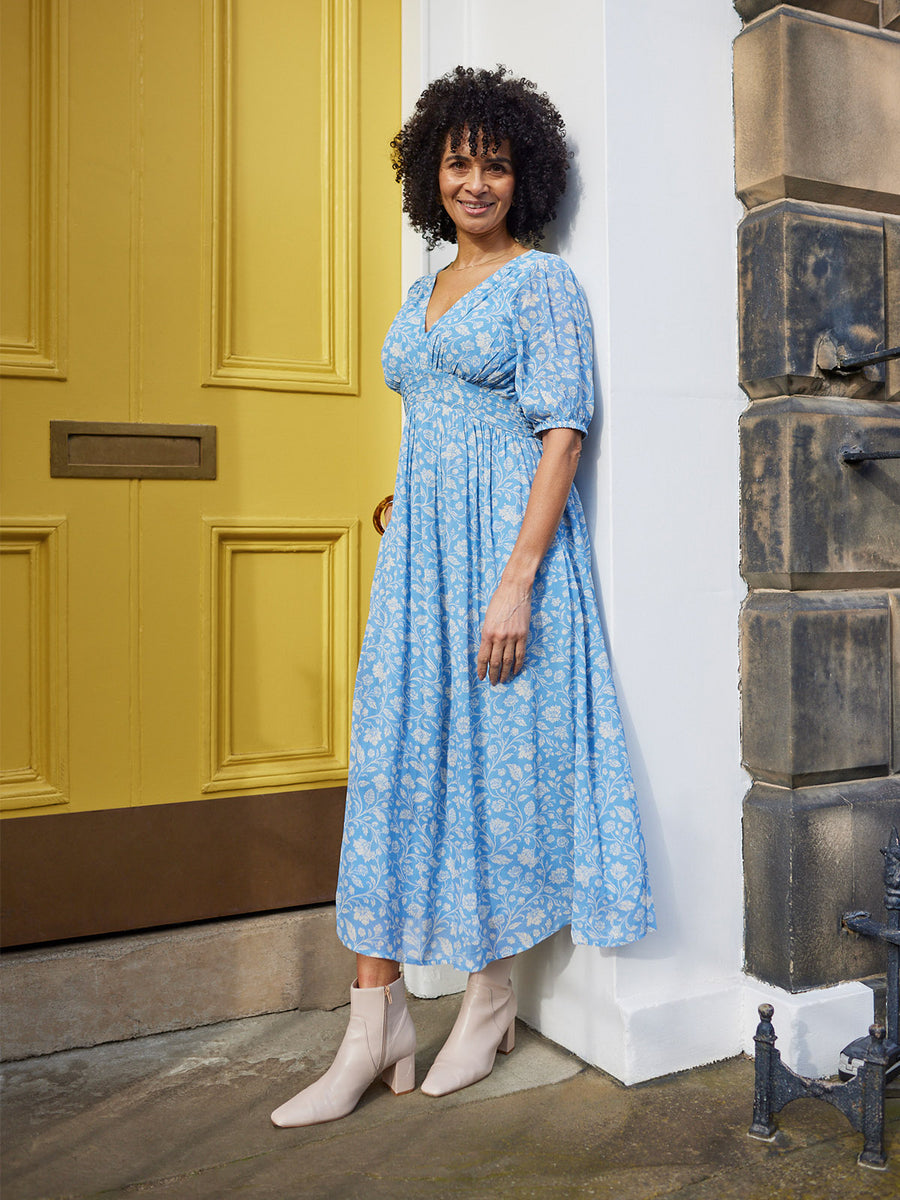 Penelope Georgette Dress - Blue & White Floral Print
