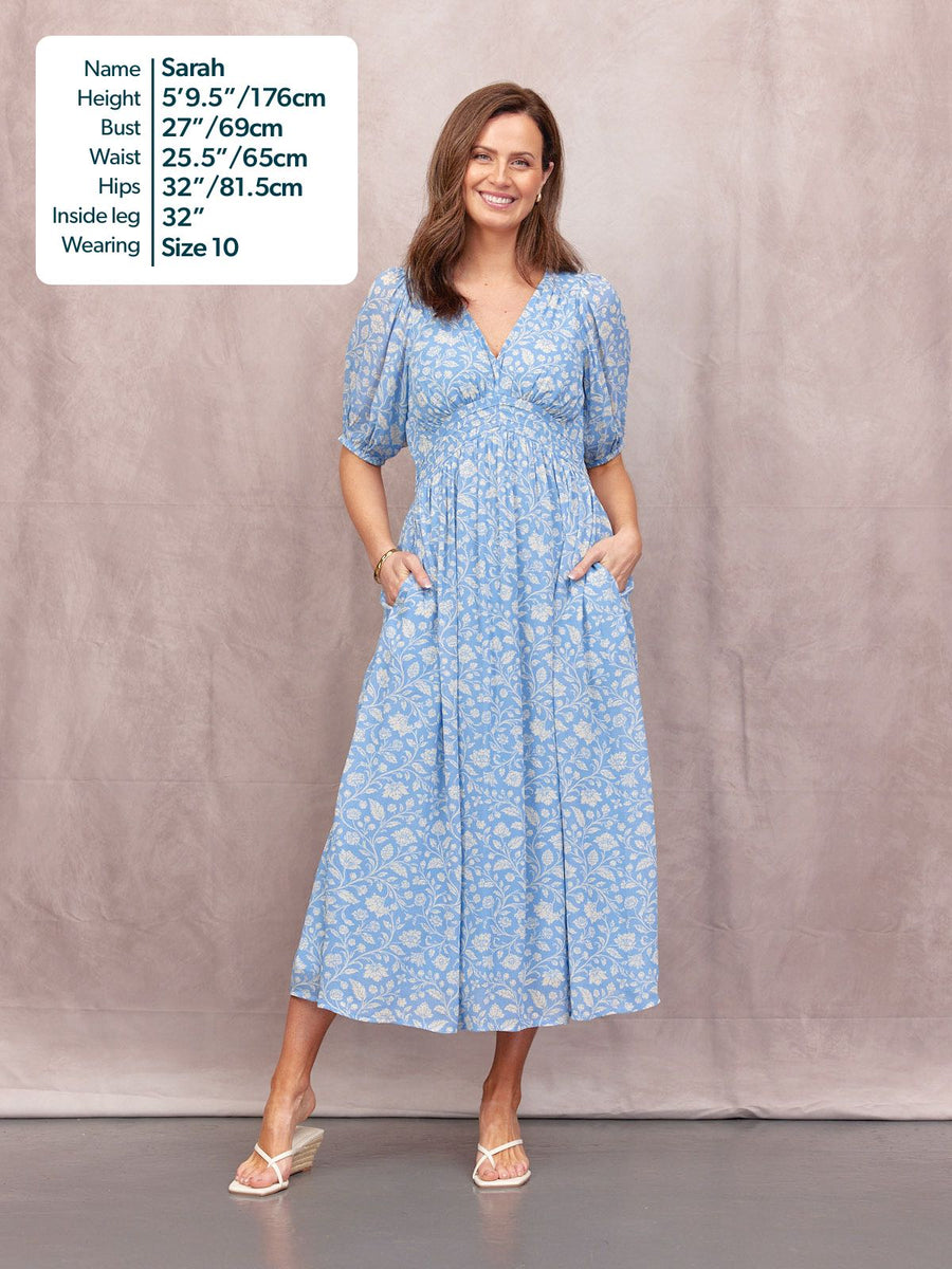 Penelope Georgette Dress - Blue & White Floral Print