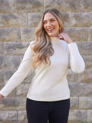 Polly - High Neck Jersey Top - Ecru