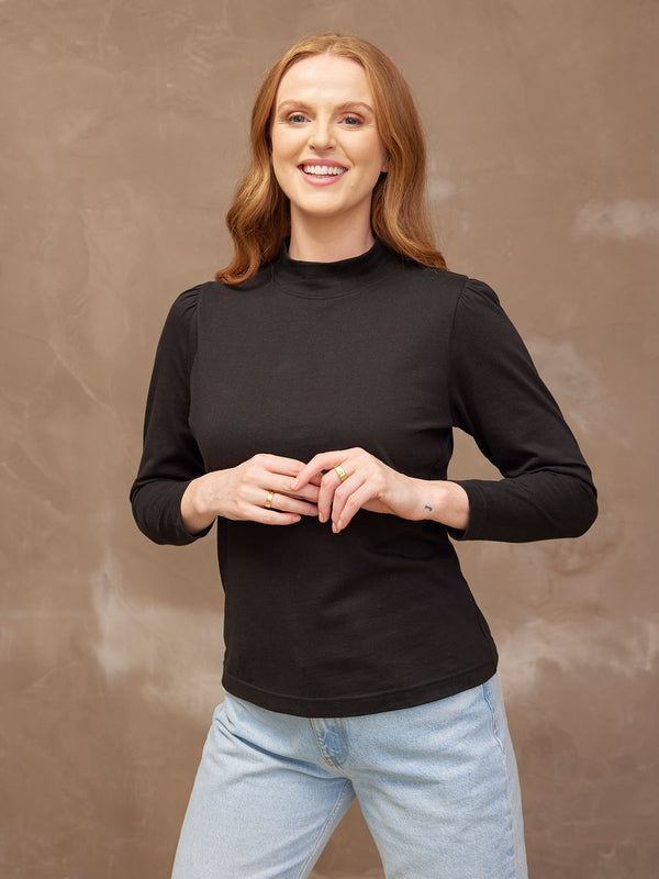 Polly - High Neck Jersey Top - Black