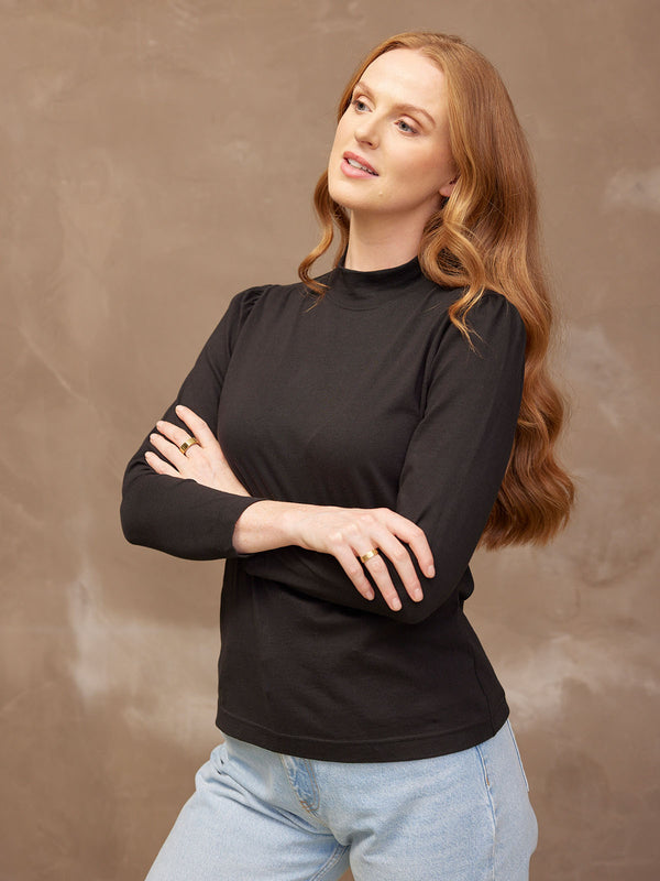 Polly - High Neck Jersey Top - Black