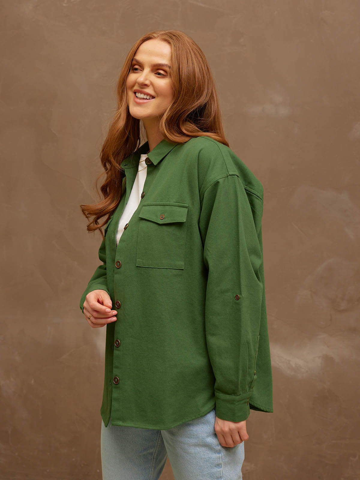 Khaki shacket women's best sale